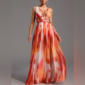 Vibrant Backless Maxi Dress in Orange and Red